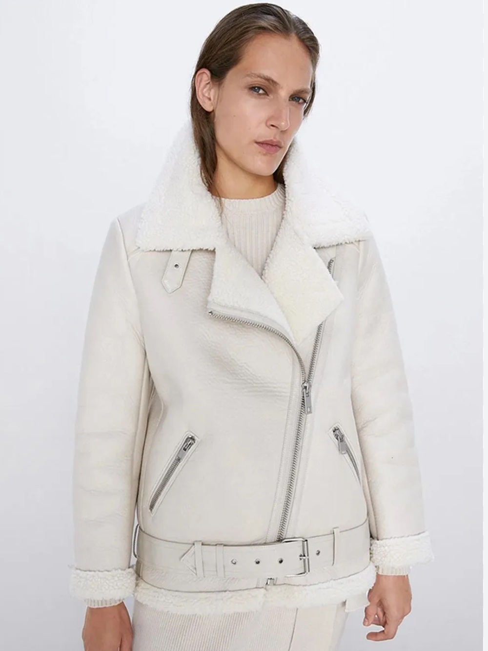 ZARA Women’s Size S Cream Oversized Faux Shearling‎ Moto Jacket